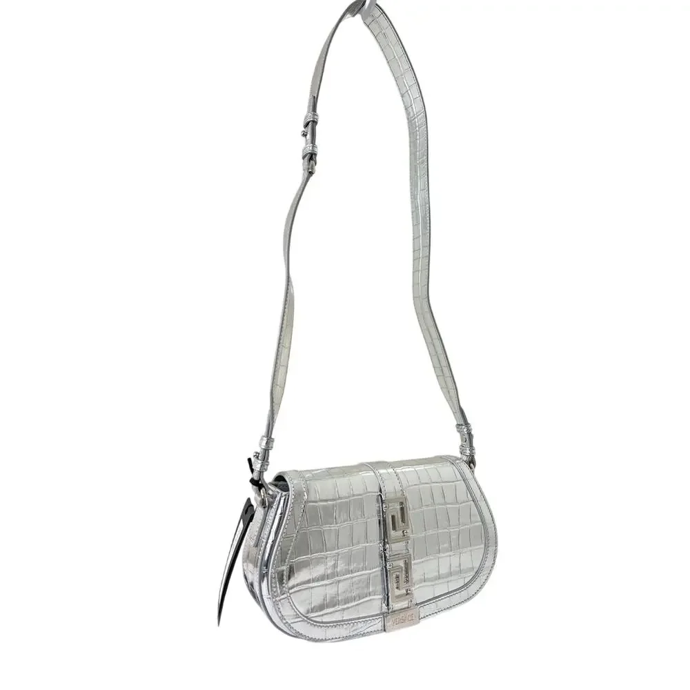 Versace Garcia Croc-Embossed Leather Shoulder Bag Silver New 2900$